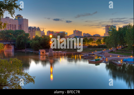 Dusk over The Forks Market, Tower and Marina, a National Historic Site, in the city of Winnipeg, Manitoba, Canada Stock Photo