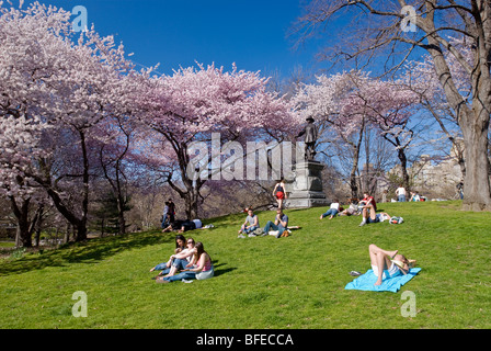 People relax on Pilgrim Hill in springtime in Central Park, New York City. Stock Photo