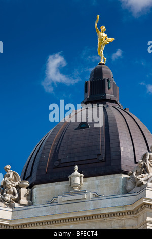 The Golden Boy figure atop the dome of the Legislative Building in Winnipeg, Manitoba, Canada Stock Photo