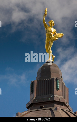 The Golden Boy figure atop the dome of the Legislative Building in Winnipeg, Manitoba, Canada Stock Photo