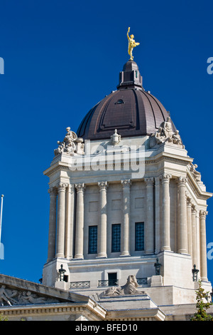 The Golden Boy figure atop the dome of the Legislative Building in Winnipeg, Manitoba, Canada Stock Photo