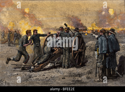 Confederate artillery on Marye's Hill firing on Union troops attacking Fredericksburg, Virginia, 1862. Hand-colored woodcut Stock Photo