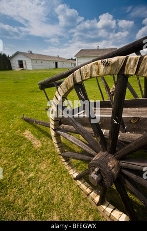 Red River cart with tires made of Shaganappi (rawhide) at Fort Walsh National Historic Site Cypress Hills Interprovincial Park S Stock Photo