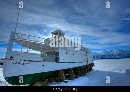 The old sternwheeler Tarahne that sits on the shores of Atlin Lake, British Columbia, Canada Stock Photo