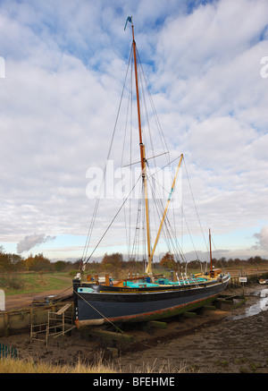 Old Thames Barge called Edith May in dry dock. Stock Photo