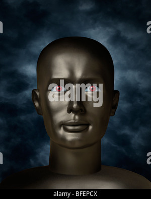 Dark mannequin face with red eyes in the darkness Stock Photo