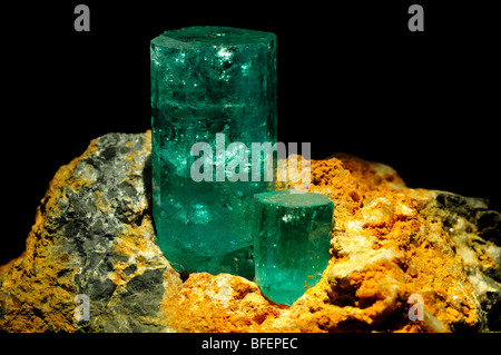 Crystals of mineral emerald, a variety of beryl. Stock Photo