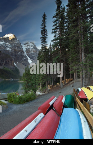 Canoes, Moraine Lake, Banff National Park, Alberta, Canada Stock Photo