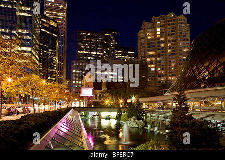 Roy Thompson Hall pool and central Toronto at night, Ontario, Canada Stock Photo