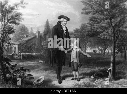 Print of George Washington as a boy confessing to his father Augustine that he killed one of his cherry trees with a hatchet. Stock Photo