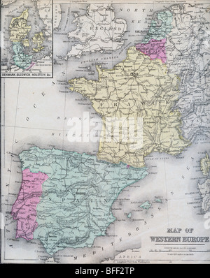 Original old map of France, Spain and Portugal from 1879 geography textbook Stock Photo