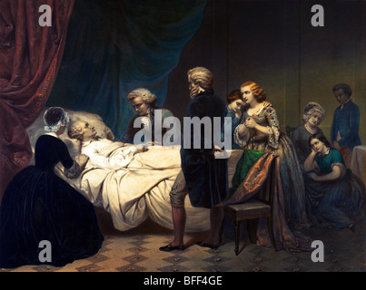 Print showing George Washington on his deathbed in 1799 surrounded by family and friends at his Mount Vernon plantation home. Stock Photo