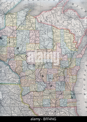 Original old map of Wisconsin from 1884 geography textbook Stock Photo ...