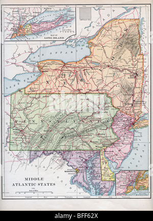 Original old map of Mid-Atlantic states from 1879 geography textbook Stock Photo