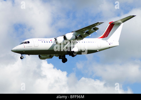 Avro RJ85 operated by Cityjet on approach for landing at Birmingham Airport Stock Photo