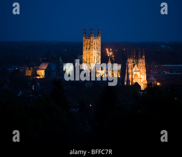 Canterbury Cathedral viewed from the university at night in Kent, UK. Stock Photo