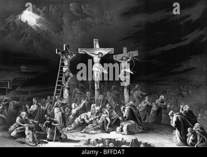 Print depicting the crucifixion of Jesus Christ at Golgotha, outside the walls of ancient Jerusalem, in the first century AD. Stock Photo