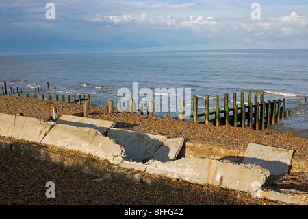 Damaged sea defences due to coastal erosion, East Lane, Bawdsey, Suffolk, UK. Stock Photo