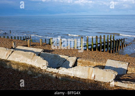 Damaged sea defences due to coastal erosion, East Lane, Bawdsey, Suffolk, UK. Stock Photo