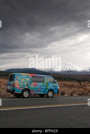 Escape Campervan, Mount Ngauruhoe In the Storm, New Zealand. Stock Photo