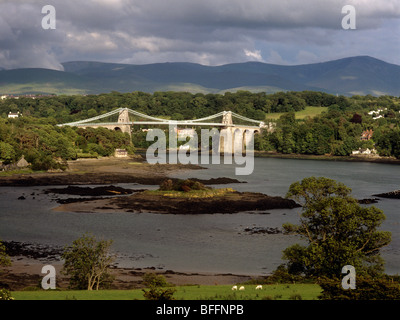 UK, North Wales Menai Suspension Bridge, from Anglesey Stock Photo