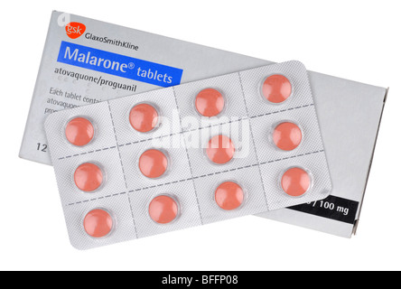 Malarone, anti malaria tablets, Malarone on “white background” Stock Photo