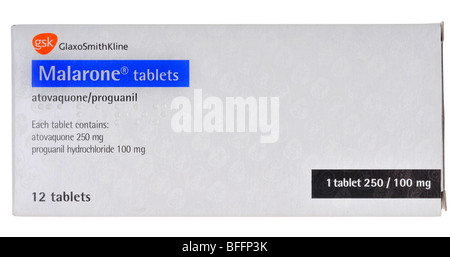 Malarone, anti malaria tablets, Malarone on “white background” Stock Photo