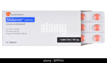 Malarone, anti malaria tablets, Malarone on “white background” Stock Photo