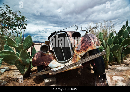 Morris Eight car wreck parked in Sossusvlei Namibia Stock Photo
