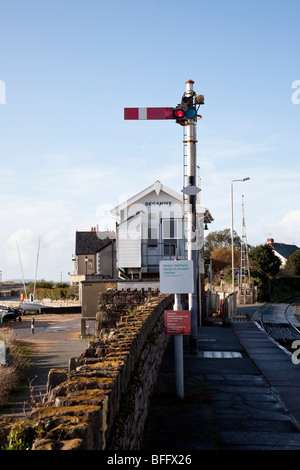 Railway semaphore signal and signal box at Deganwy,North Wales. U.K. Stock Photo