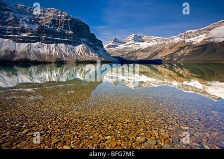 Crowfoot Mountain, is reflected in Bow Lake in Banff National Park, Alberta, Canada Stock Photo