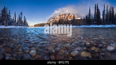 A panoramic view of Castle Mountain from within the Bow River in Banff National Park, Alberta, Canada