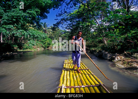 Jamaican man, adult man, tour guide, bamboo raft, bamboo raft trip, The Great River, Great River, village of Lethe, Jamaica Stock Photo