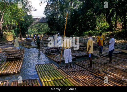 Jamaican men, adult men, tour guides, bamboo rafts, bamboo raft trip, The Great River, Great River, village of Lethe, Jamaica Stock Photo