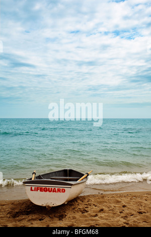 Lifeguard boat on beach, Lake Ontario, Ontario Stock Photo