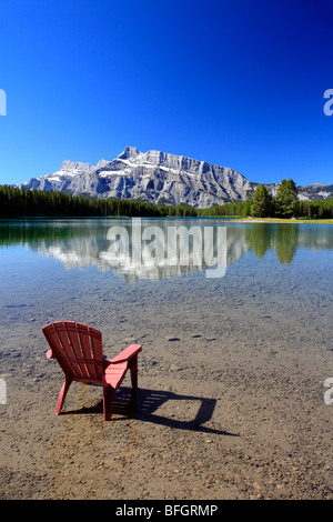 Deck chair at Two Jack Lake, Banff National Park, Alberta, Canada. Stock Photo