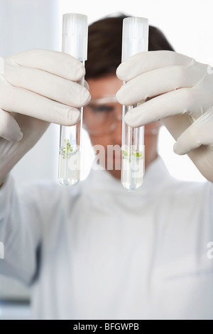 Male lab worker comparing two test tubes with liquid Stock Photo