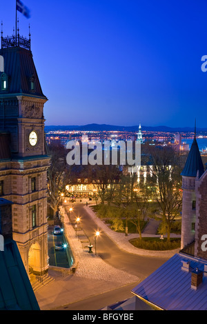 Place d'Armes Park in front of Chateau Frontenac hotel and  St. Lawrence River beyond which is city of Beauport Quebec City Queb Stock Photo