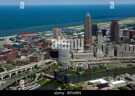 aerial view above downtown Cleveland Ohio Lake Erie stadium Burke Lakefront airport Stock Photo