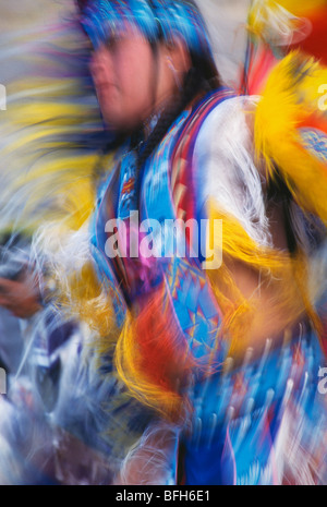 Native American dancer in Fancy Dance regalia at Pi-Ume-Sha Treaty Days Pow Wow, Warm Springs Indian Reservation, Oregon. Stock Photo