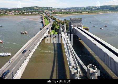 The bridges across the estuary of the River Conwy at Conwy (Conway) viewed from the Castle, Conwy, Wales Stock Photo