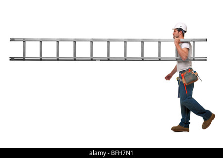 Builder carrying a ladder with nobody on the other end, isolated on white background with plenty of copy space. Stock Photo