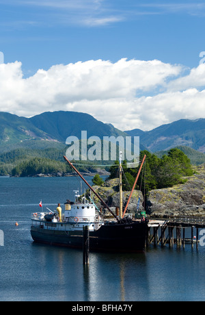 The MV Uchuck at rest in Friendly Cove, Northern Vancouver Island, British Columbia, Canada. Stock Photo