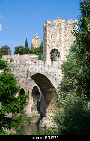 Medieval bridge over the Fluvia river.Besalu. La Garrotxa . Girona province. Catalonia . Spain Stock Photo