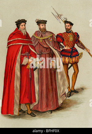 Two Peers, in their robes, and a halberdier during Elizabeth's reign, 1500s. Color lithograph Stock Photo