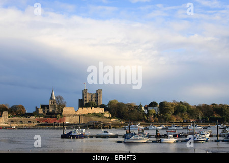 Rochester cathedral and castle viewed across the river Medway, Kent, England. Autumn. Stock Photo