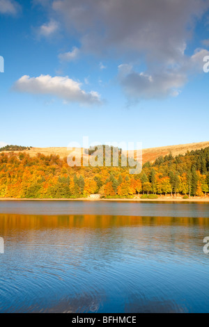 Derwent Reservoir Dam reflected in Derwent Reservoir in the Derwent Valley, Peak District, Derbyshire. Stock Photo