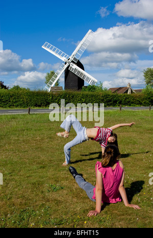 uk, england, surrey, outwood windmill with children Stock Photo