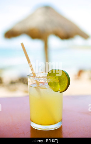 Close-up of cocktail on a table in a bar on the beach, Mexico Stock Photo