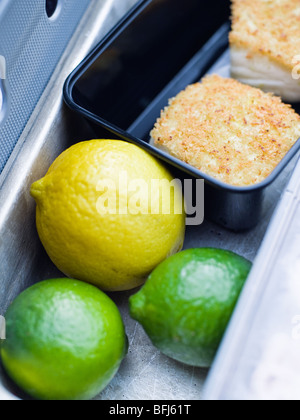 Lime, lemon and codfish, close-up, Sweden.